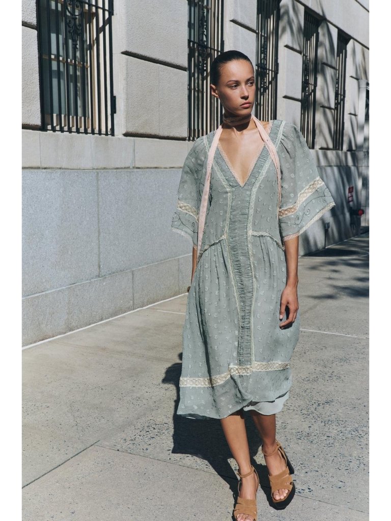 Zara Zw Womens Kaftan Dress L Large Dusty Blue Romantic Midi Lace 5107/265 Nwt
